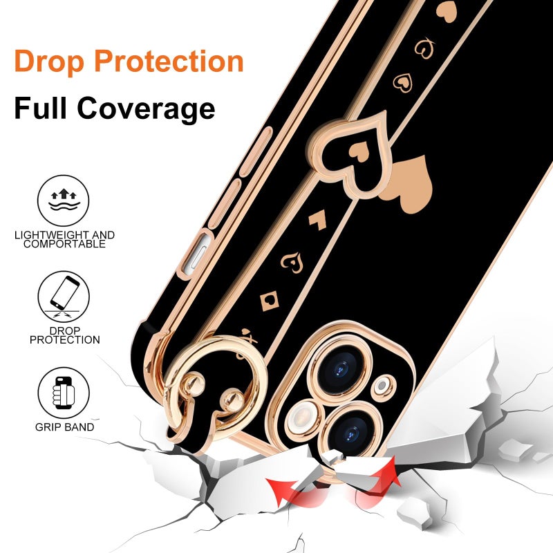 LLZ.COQUE for iPhone 13 Case Cute Love-Heart Plating Strap Phone Cover for Women Girlss Bling Soft Silicone Camera Lens Protection Bumper Shockproof Phone Case for iPhone 13 (6.1'') - Black - Image 2