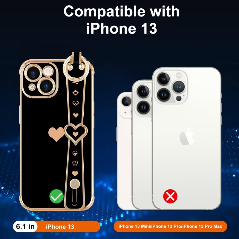 LLZ.COQUE for iPhone 13 Case Cute Love-Heart Plating Strap Phone Cover for Women Girlss Bling Soft Silicone Camera Lens Protection Bumper Shockproof Phone Case for iPhone 13 (6.1'') - Black - Image 3