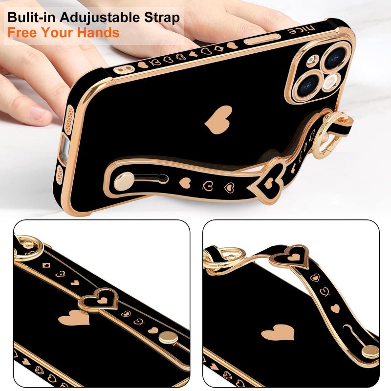 LLZ.COQUE for iPhone 13 Case Cute Love-Heart Plating Strap Phone Cover for Women Girlss Bling Soft Silicone Camera Lens Protection Bumper Shockproof Phone Case for iPhone 13 (6.1'') - Black - Image 5