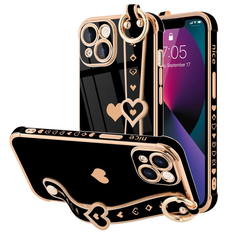 LLZ.COQUE for iPhone 13 Case Cute Love-Heart Plating Strap Phone Cover for Women Girlss Bling Soft Silicone Camera Lens Protection Bumper Shockproof Phone Case for iPhone 13 (6.1'') - Black - Image 1