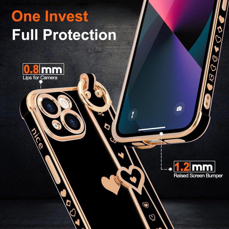 LLZ.COQUE for iPhone 13 Case Cute Love-Heart Plating Strap Phone Cover for Women Girlss Bling Soft Silicone Camera Lens Protection Bumper Shockproof Phone Case for iPhone 13 (6.1'') - Black - Image 4