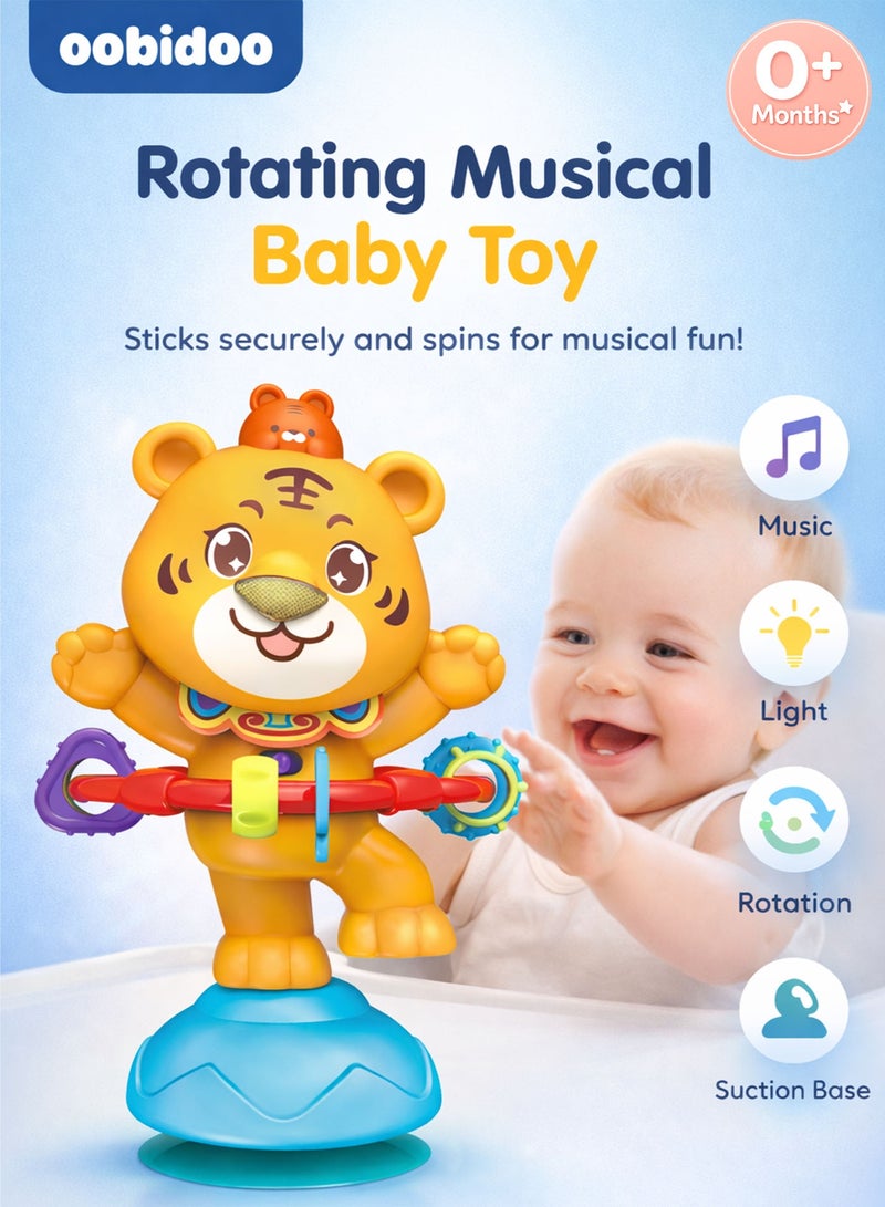 Oobidoo Baby Rotating Musical Toy Tiger with Suction Cup Base Interactive Spinner Toy for Infants Toddlers 0 Months Plus Light and Sound Educational Activity Toy 360 Degree Spinning Sensory Development Toy Fine Motor Skills Learning Toy for High Chair Table Play BPA Free Safe Plastic - Image 1