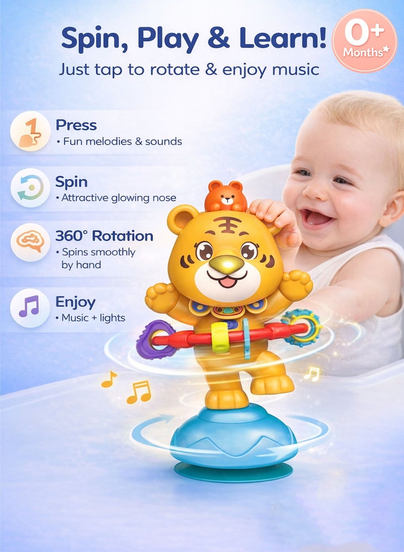 Oobidoo Baby Rotating Musical Toy Tiger with Suction Cup Base Interactive Spinner Toy for Infants Toddlers 0 Months Plus Light and Sound Educational Activity Toy 360 Degree Spinning Sensory Development Toy Fine Motor Skills Learning Toy for High Chair Table Play BPA Free Safe Plastic - Image 4