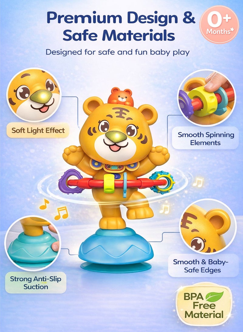Oobidoo Baby Rotating Musical Toy Tiger with Suction Cup Base Interactive Spinner Toy for Infants Toddlers 0 Months Plus Light and Sound Educational Activity Toy 360 Degree Spinning Sensory Development Toy Fine Motor Skills Learning Toy for High Chair Table Play BPA Free Safe Plastic - Image 5