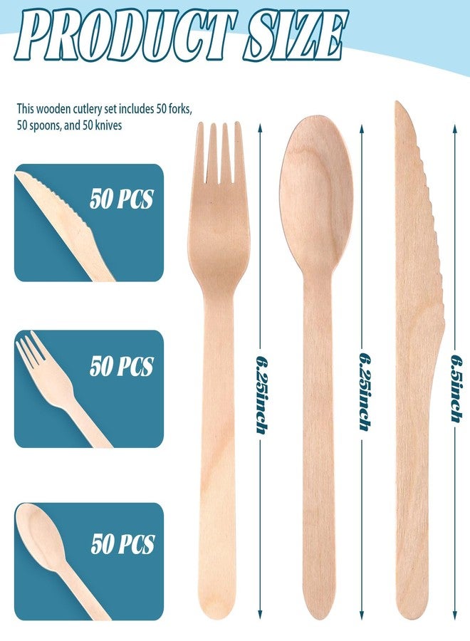 WYOMER 150 PCS Disposable Wooden Cutlery Set 6.5" Forks, Spoons & Knives (50 Each) Splinter Free Compostable Silverware Eco Friendly Plastic-Free Cutlery for Parties, Catering, Weddings & Events - Image 2