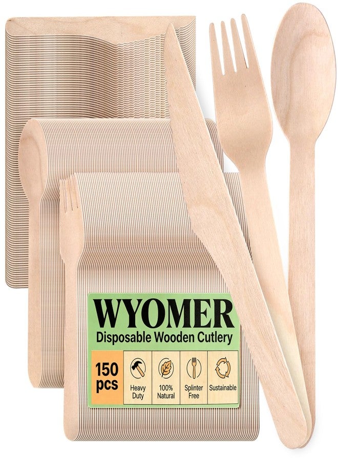 WYOMER 150 PCS Disposable Wooden Cutlery Set 6.5" Forks, Spoons & Knives (50 Each) Splinter Free Compostable Silverware Eco Friendly Plastic-Free Cutlery for Parties, Catering, Weddings & Events - Image 1