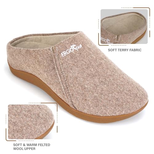 ERGOfoot House Slippers With Arch Support, Orthopedic Slippers for Plantar Fasciitis Pain Relief, Comfy Wool Felt Clog, Non-Slip Indoor Outdoor House Shoes for Women and Men/Khaki, W10/M9 - Image 4