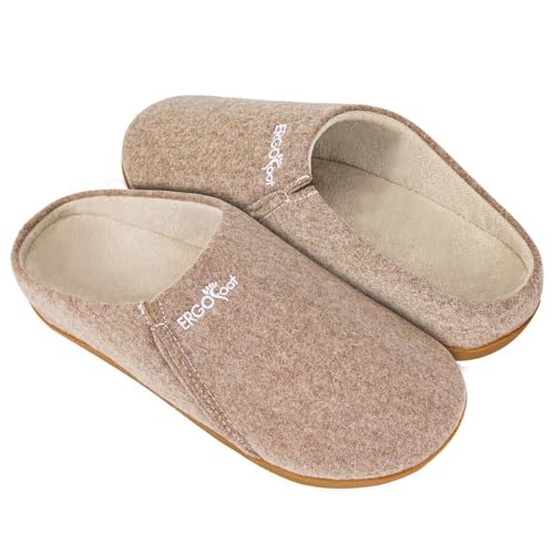 ERGOfoot House Slippers With Arch Support, Orthopedic Slippers for Plantar Fasciitis Pain Relief, Comfy Wool Felt Clog, Non-Slip Indoor Outdoor House Shoes for Women and Men/Khaki, W10/M9 - Image 1