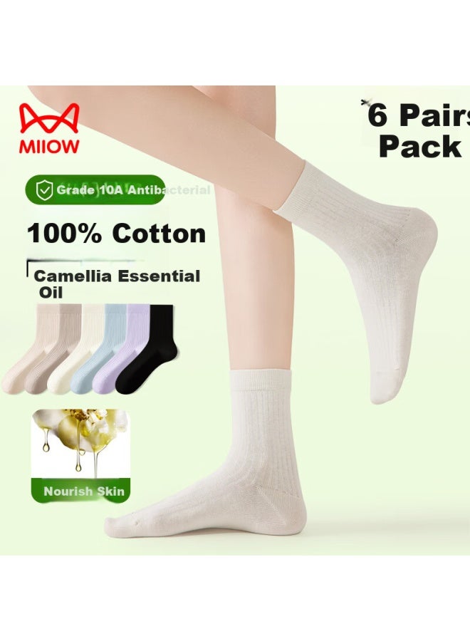 Miiow 6 Pairs [camellia Fragrance] Women's Socks, Mid-calf, Drawstring, 100% Pure Cotton, Antibacterial And Odor-resistant - Image 3