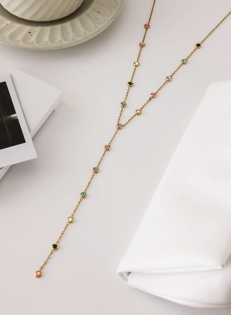 سونداراسوندارا قلادة فاخره مطلية بالذهب عيار 18 قيراط على شكل حرف Y، قلادة من الفولاذ التيتانيوم مزينة بطبقات متعددة من حجر الراين للنساء والفتيات مع علبة هدايا فاخرة، هدية مثالية للنساء والفتيات، عيد الحب، أعياد الميلاد، رأس السنة، الخطوبة، وحفلات الزفاف - Image 3