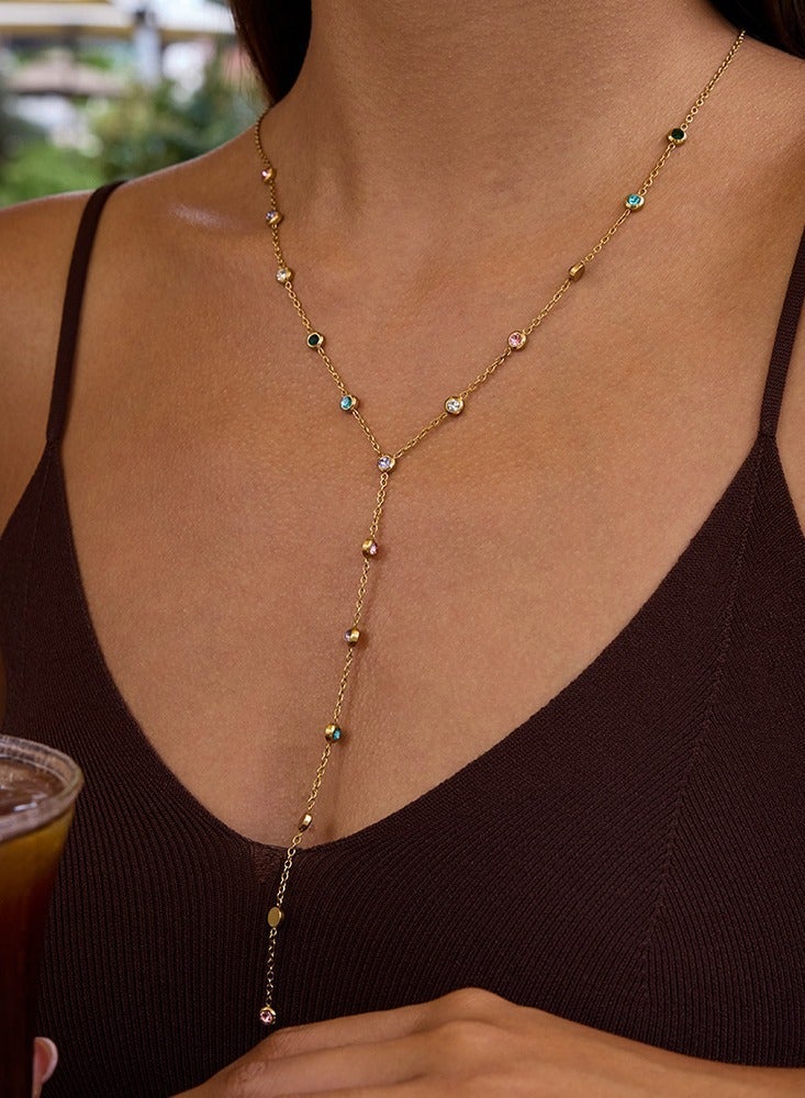 سونداراسوندارا قلادة فاخره مطلية بالذهب عيار 18 قيراط على شكل حرف Y، قلادة من الفولاذ التيتانيوم مزينة بطبقات متعددة من حجر الراين للنساء والفتيات مع علبة هدايا فاخرة، هدية مثالية للنساء والفتيات، عيد الحب، أعياد الميلاد، رأس السنة، الخطوبة، وحفلات الزفاف - Image 2