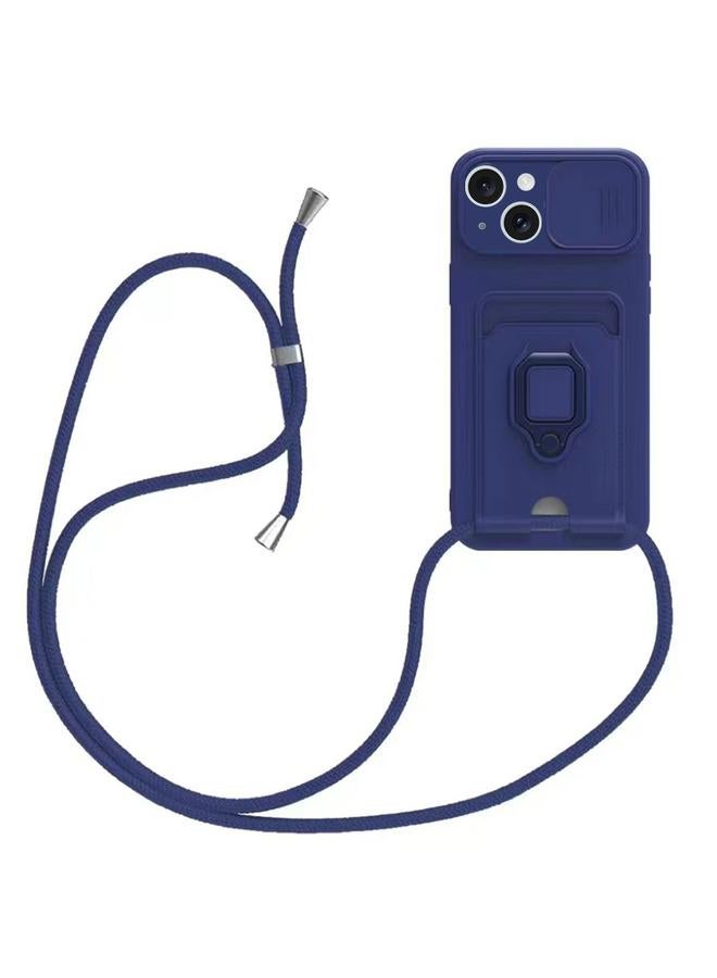 اس-توب جراب لهاتف iPhone 15 مزود بحامل بطاقات مغناطيسي منزلق من السيليكون مع حبل - Image 1