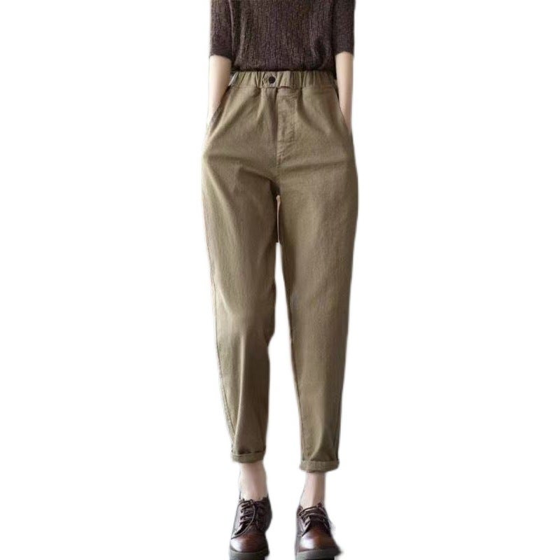 New retro cotton large size pants women's solid color casual loose slimming harem pants cropped pants - Image 5