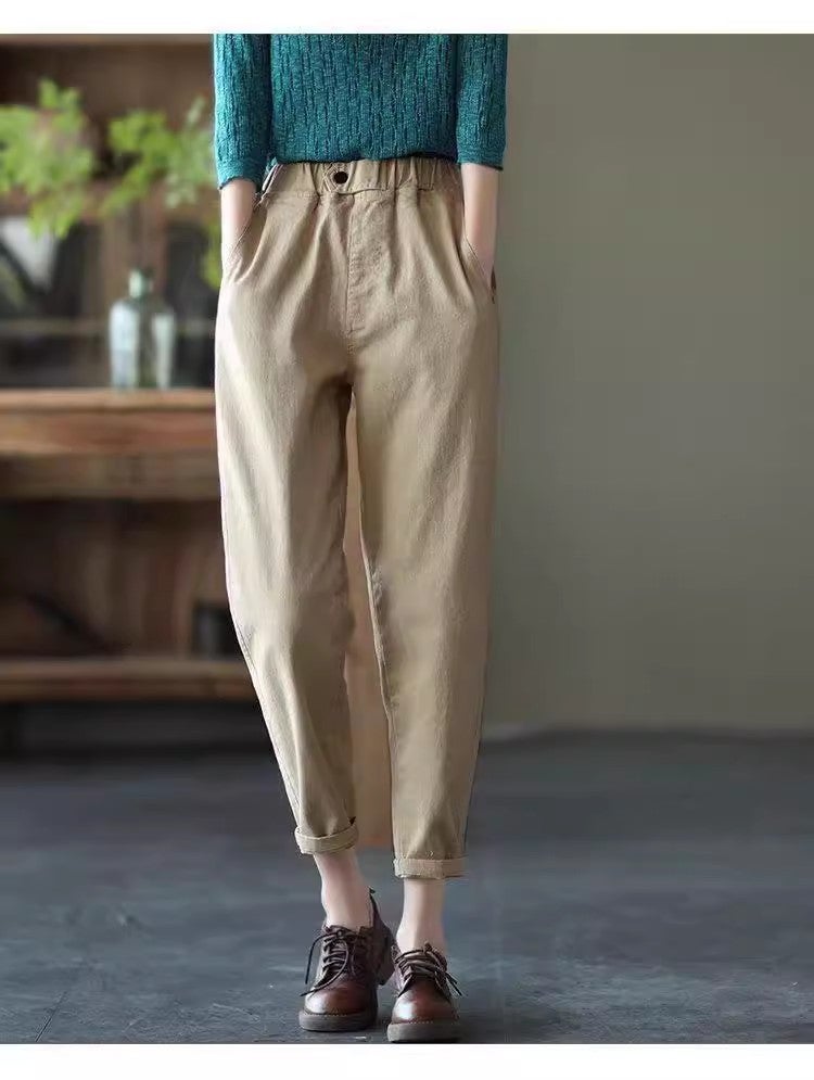 New retro cotton large size pants women's solid color casual loose slimming harem pants cropped pants - Image 1
