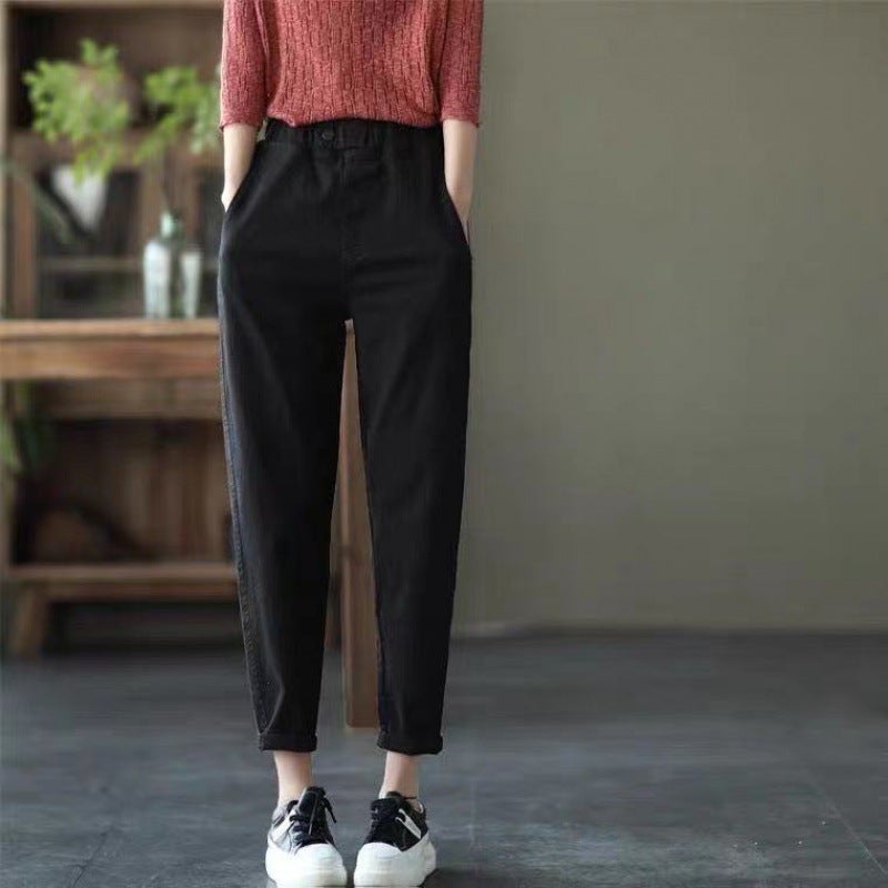 New retro cotton large size pants women's solid color casual loose slimming harem pants cropped pants - Image 4