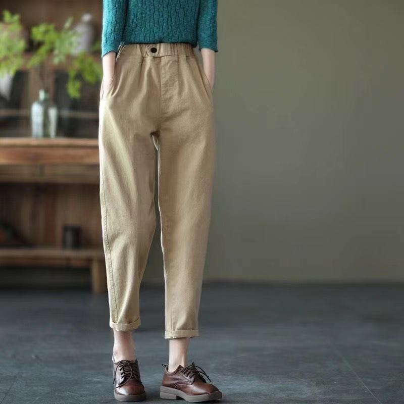 New retro cotton large size pants women's solid color casual loose slimming harem pants cropped pants - Image 3