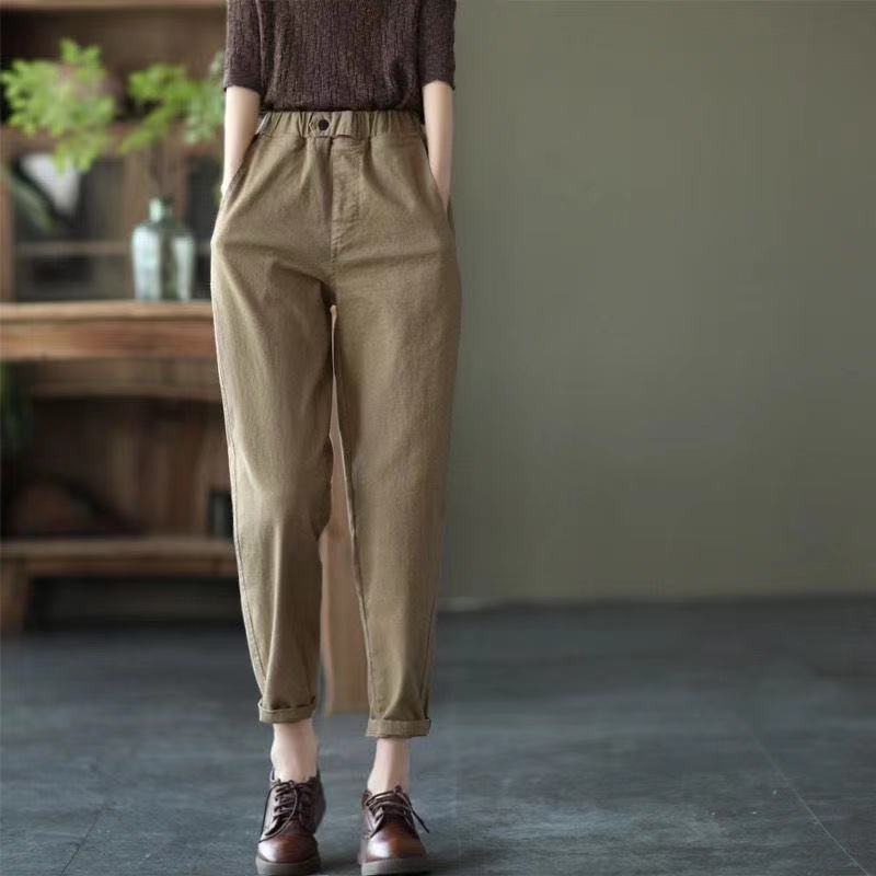 New retro cotton large size pants women's solid color casual loose slimming harem pants cropped pants - Image 2