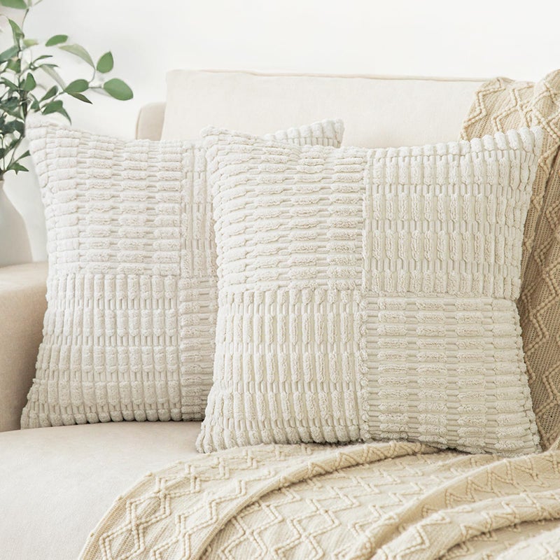Softalker 18x18 Pillow Covers Cream, Set of 2 Soft Corduroy Boho Textured Pillow Covers Modern Decorative Pillow Case for Couch Patio Living Room Sofa Halloween Thanksgiving - Image 1