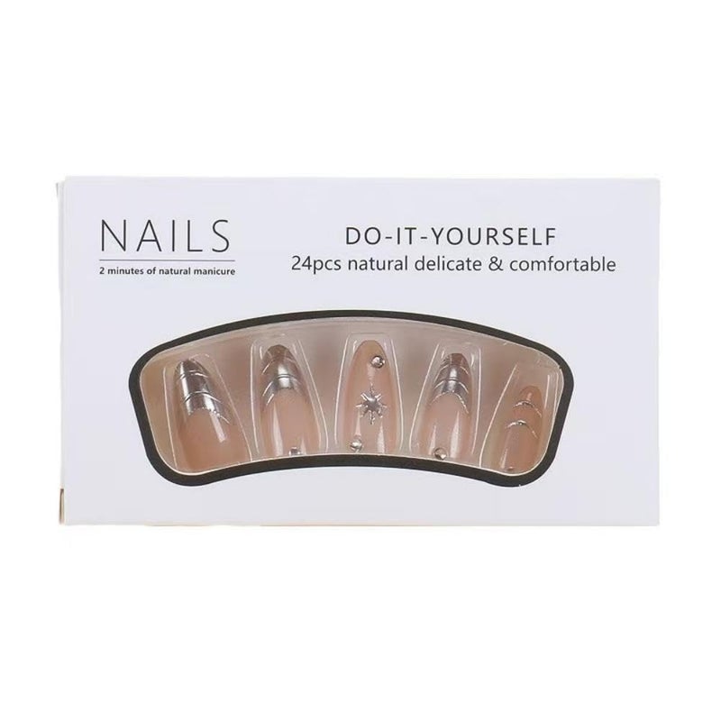 NBNTGH Silver Press on Nails Medium Almond Fake Nails Nude Glossy False Nail with Design Shiny Rhinestone Glue on Nails Reusable Artificial Acrylic Full Cover Star Stick on Nail for Women Manicure 24Pcs - Image 2