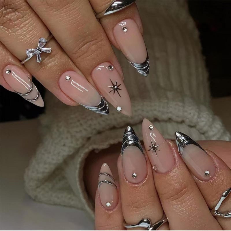 NBNTGH Silver Press on Nails Medium Almond Fake Nails Nude Glossy False Nail with Design Shiny Rhinestone Glue on Nails Reusable Artificial Acrylic Full Cover Star Stick on Nail for Women Manicure 24Pcs - Image 1