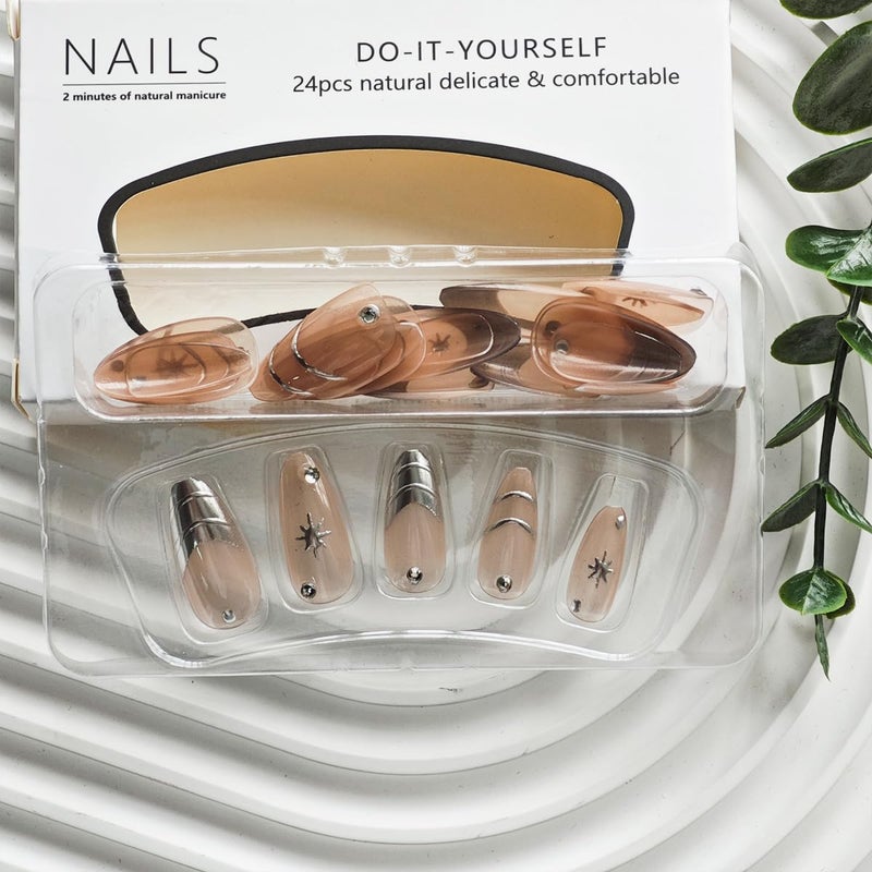 NBNTGH Silver Press on Nails Medium Almond Fake Nails Nude Glossy False Nail with Design Shiny Rhinestone Glue on Nails Reusable Artificial Acrylic Full Cover Star Stick on Nail for Women Manicure 24Pcs - Image 3