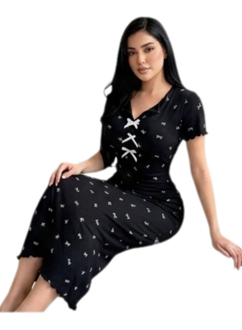 Women's Short Sleeve Home Abaya Dress - V-Neck Ribbed Loungewear with Front Bow Details - up to 75  kg - Image 5