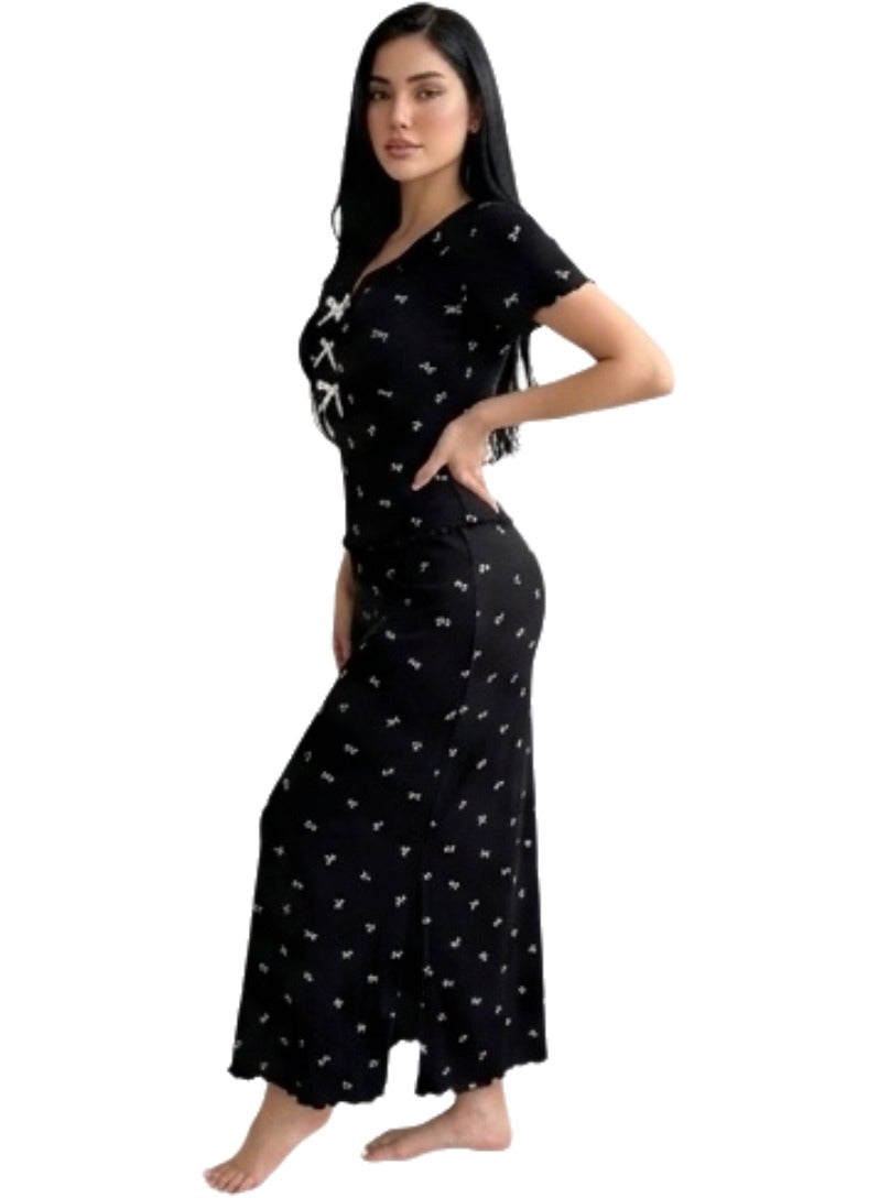 Women's Short Sleeve Home Abaya Dress - V-Neck Ribbed Loungewear with Front Bow Details - up to 75  kg - Image 1