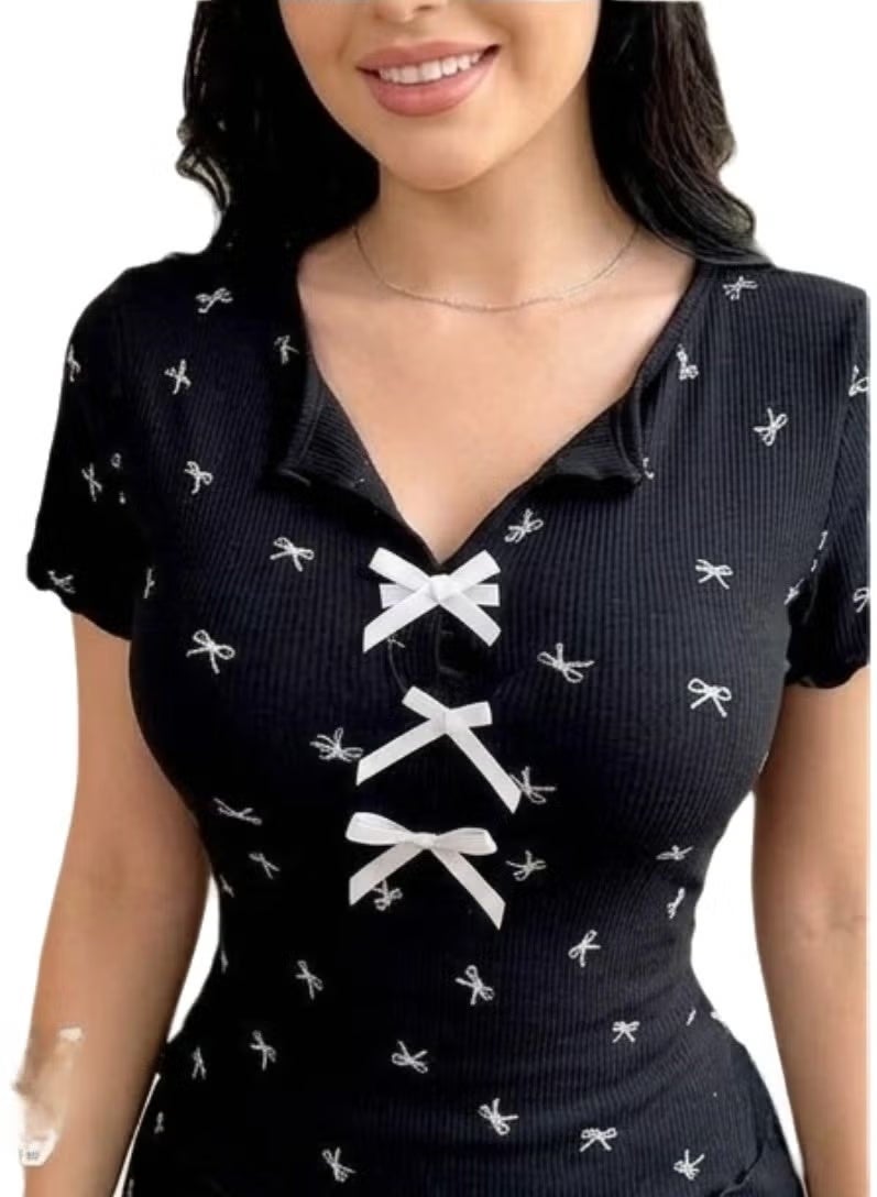 Women's Short Sleeve Home Abaya Dress - V-Neck Ribbed Loungewear with Front Bow Details - up to 75  kg - Image 2