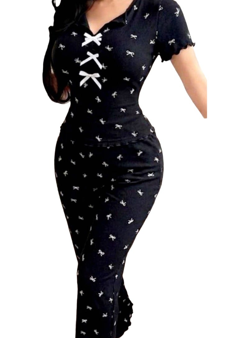 Women's Short Sleeve Home Abaya Dress - V-Neck Ribbed Loungewear with Front Bow Details - up to 75  kg - Image 3