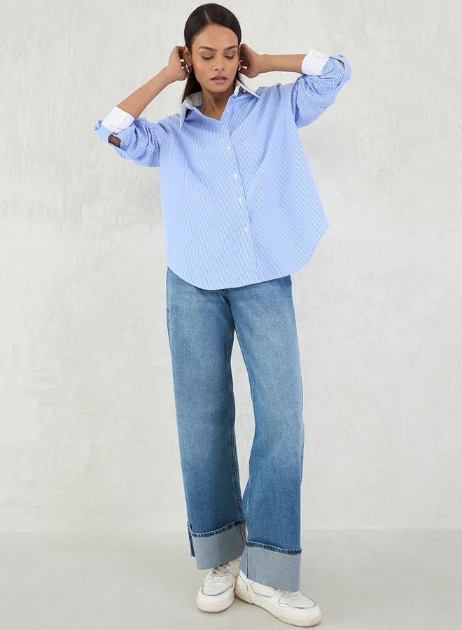 Femmella Femmella Blue Stripe Contrast Collar Buttoned Shirt
