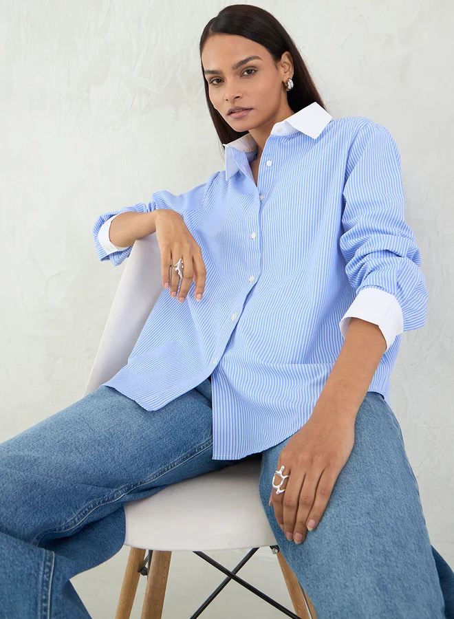 Femmella Femmella Blue Stripe Contrast Collar Buttoned Shirt