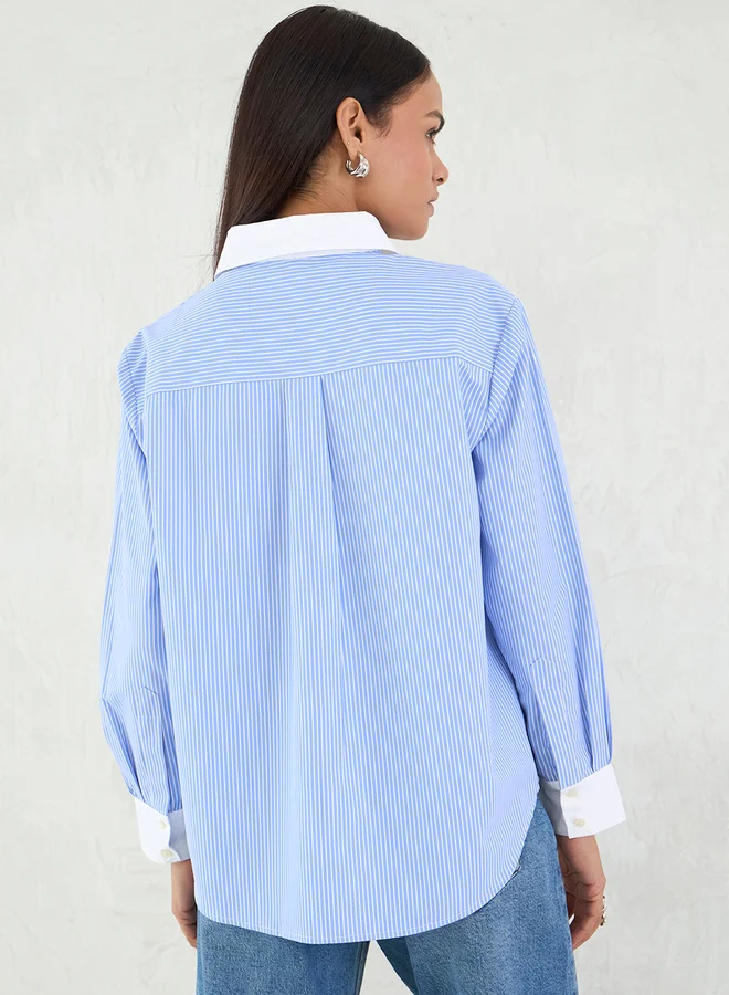 Femmella Femmella Blue Stripe Contrast Collar Buttoned Shirt