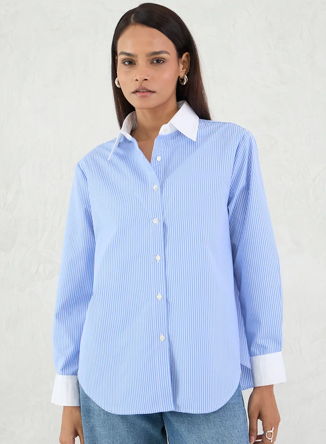 Femmella Femmella Blue Stripe Contrast Collar Buttoned Shirt