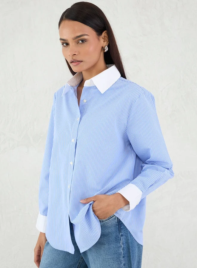 Femmella Blue Stripe Contrast Collar Buttoned Shirt