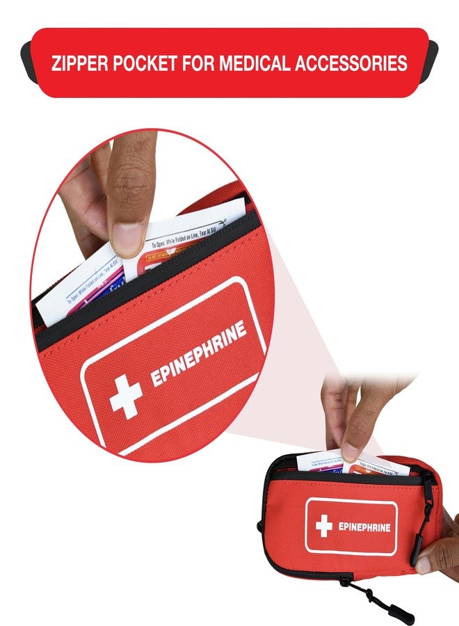 OVERDOSE KITS حقيبة حمل معزولة لأقلام الإبينفرين - تصميم نحيف يتسع لأقلام إبينفرين وملحقاتها - قماش متين مع حلقة تعليق وبطاقة هوية طبية (أحمر) - Image 4