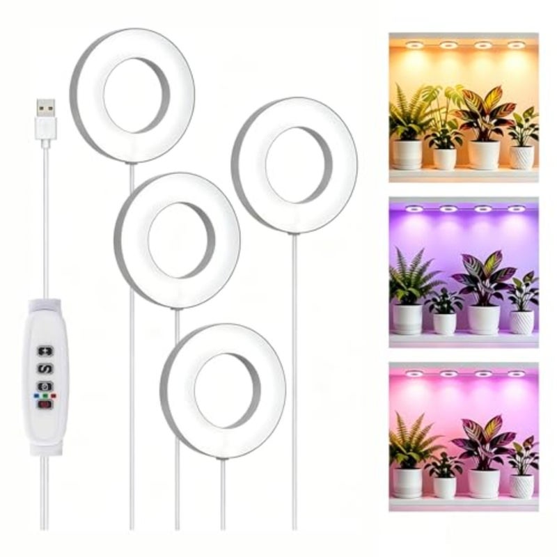 Bukela 4 PCS Grow Light - Full Spectrum Plant Lights for Indoor Growing 3/9/12H Timer 3 Color Modes 10 Brightness Levels Height Adjustable Halo Design 3.5 in White - Image 1