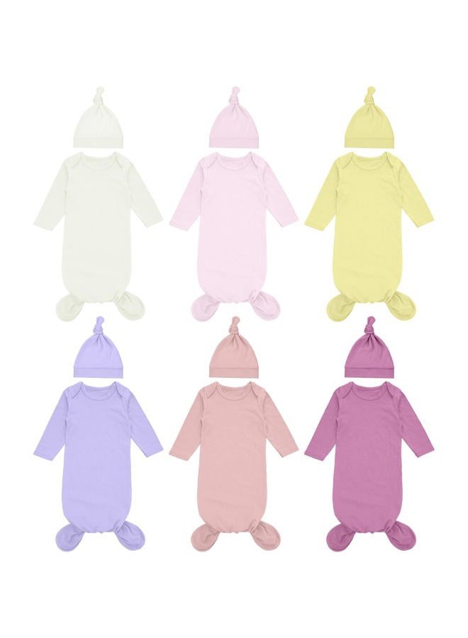 Cuffbow 6 Packs Newborn Baby Knotted Gowns Set 0-6 Months Cotton Sleeper Long Sleeve Nightgown and Hat Set for Infant Baby, Light Color, 0-6 Months - Image 1