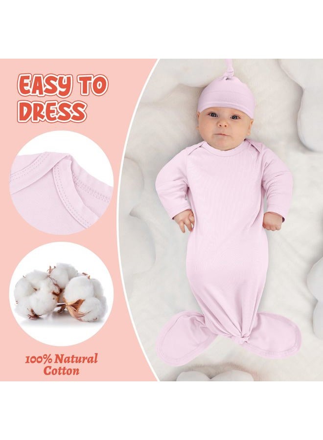 Cuffbow 6 Packs Newborn Baby Knotted Gowns Set 0-6 Months Cotton Sleeper Long Sleeve Nightgown and Hat Set for Infant Baby, Light Color, 0-6 Months - Image 5