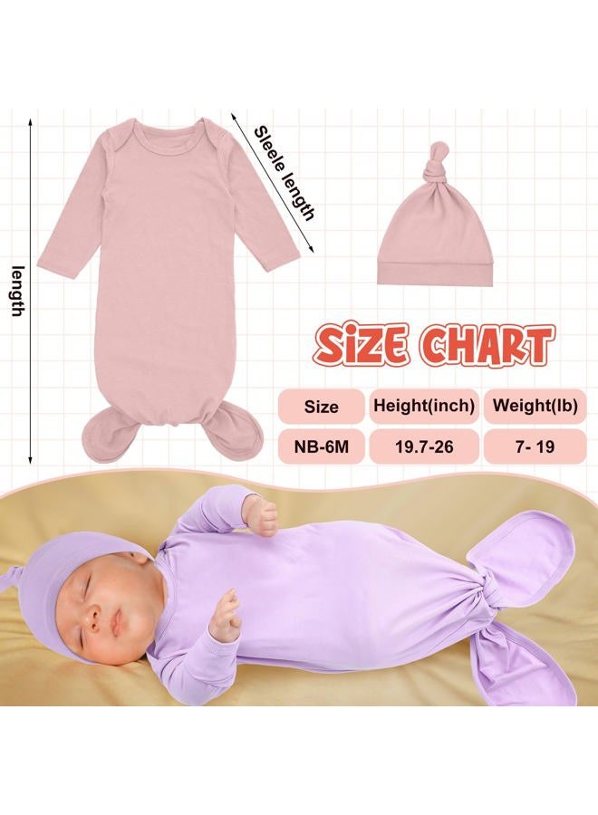 Cuffbow 6 Packs Newborn Baby Knotted Gowns Set 0-6 Months Cotton Sleeper Long Sleeve Nightgown and Hat Set for Infant Baby, Light Color, 0-6 Months - Image 3