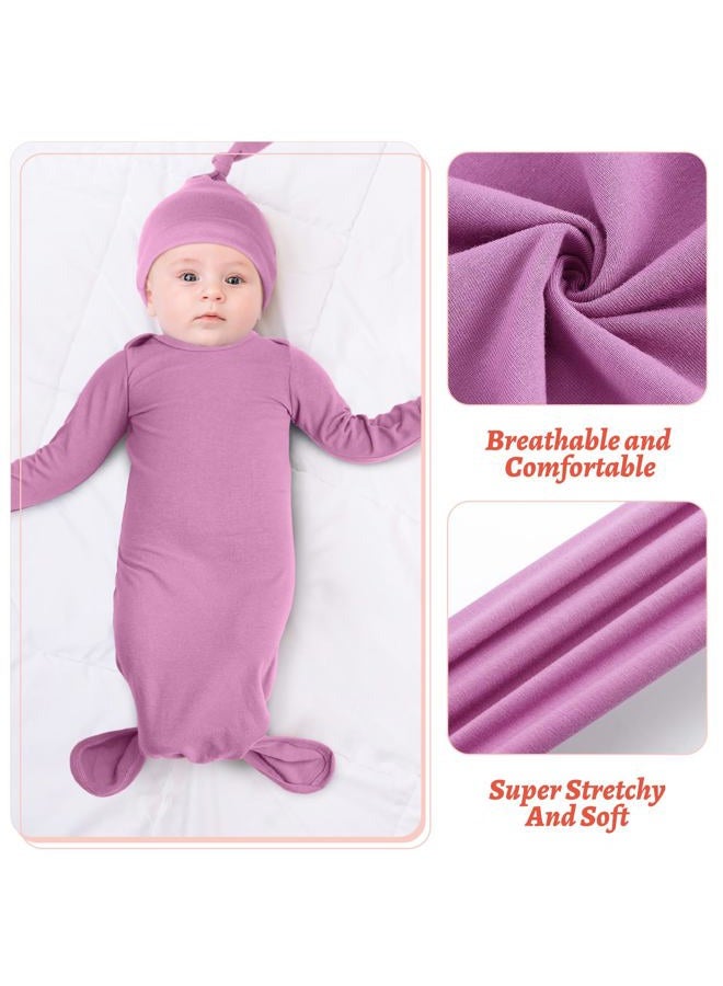 Cuffbow 6 Packs Newborn Baby Knotted Gowns Set 0-6 Months Cotton Sleeper Long Sleeve Nightgown and Hat Set for Infant Baby, Light Color, 0-6 Months - Image 4