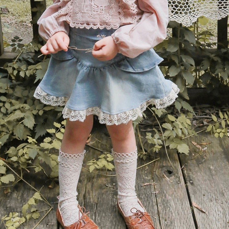2025 Autumn Strawberry Shan Korean Style Children'S Clothing Girls' Stylish Lace Trim Denim Skirt - Image 1