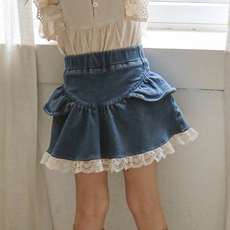 2025 Autumn Strawberry Shan Korean Style Children'S Clothing Girls' Stylish Lace Trim Denim Skirt - Image 5