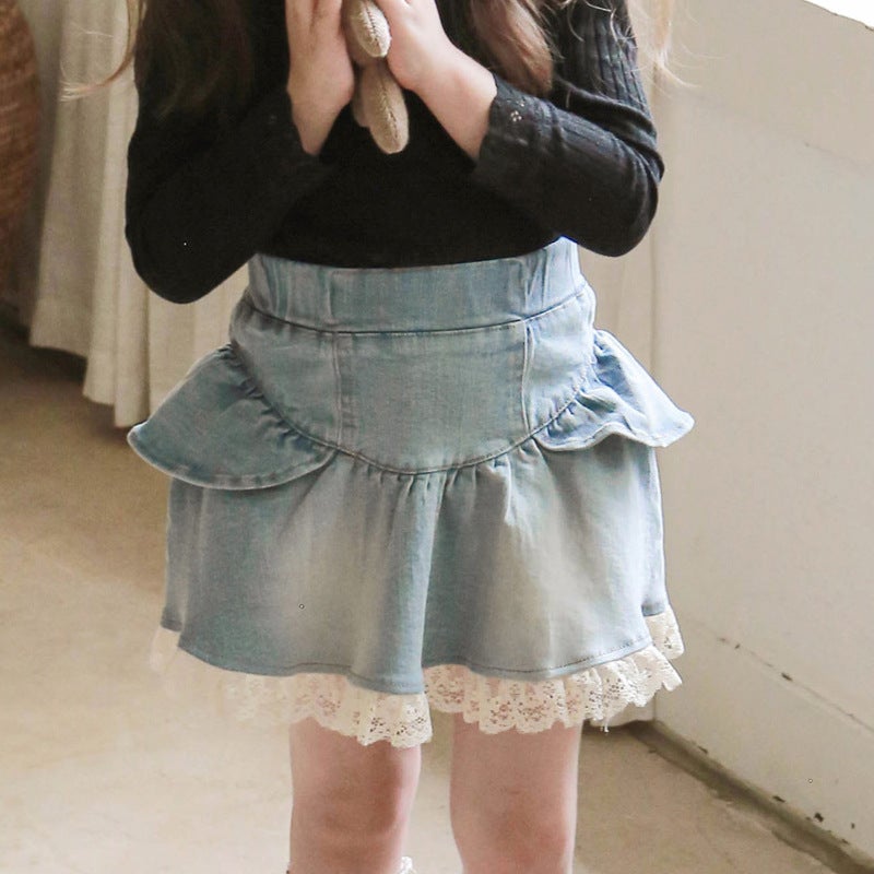 2025 Autumn Strawberry Shan Korean Style Children'S Clothing Girls' Stylish Lace Trim Denim Skirt - Image 4