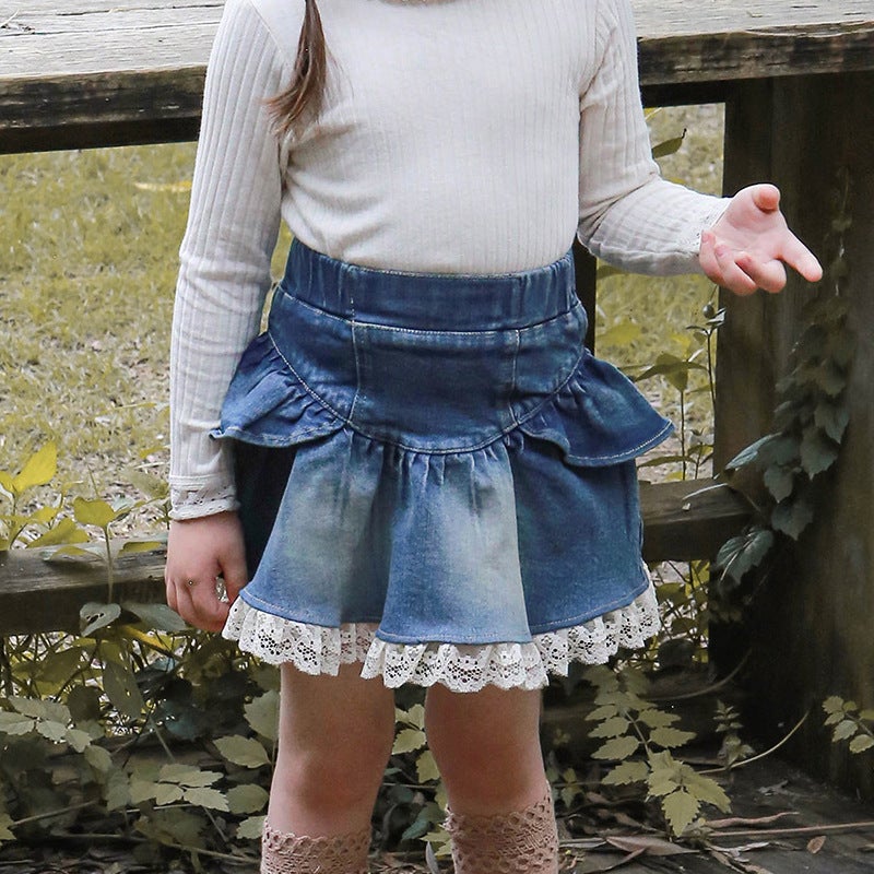 2025 Autumn Strawberry Shan Korean Style Children'S Clothing Girls' Stylish Lace Trim Denim Skirt - Image 3