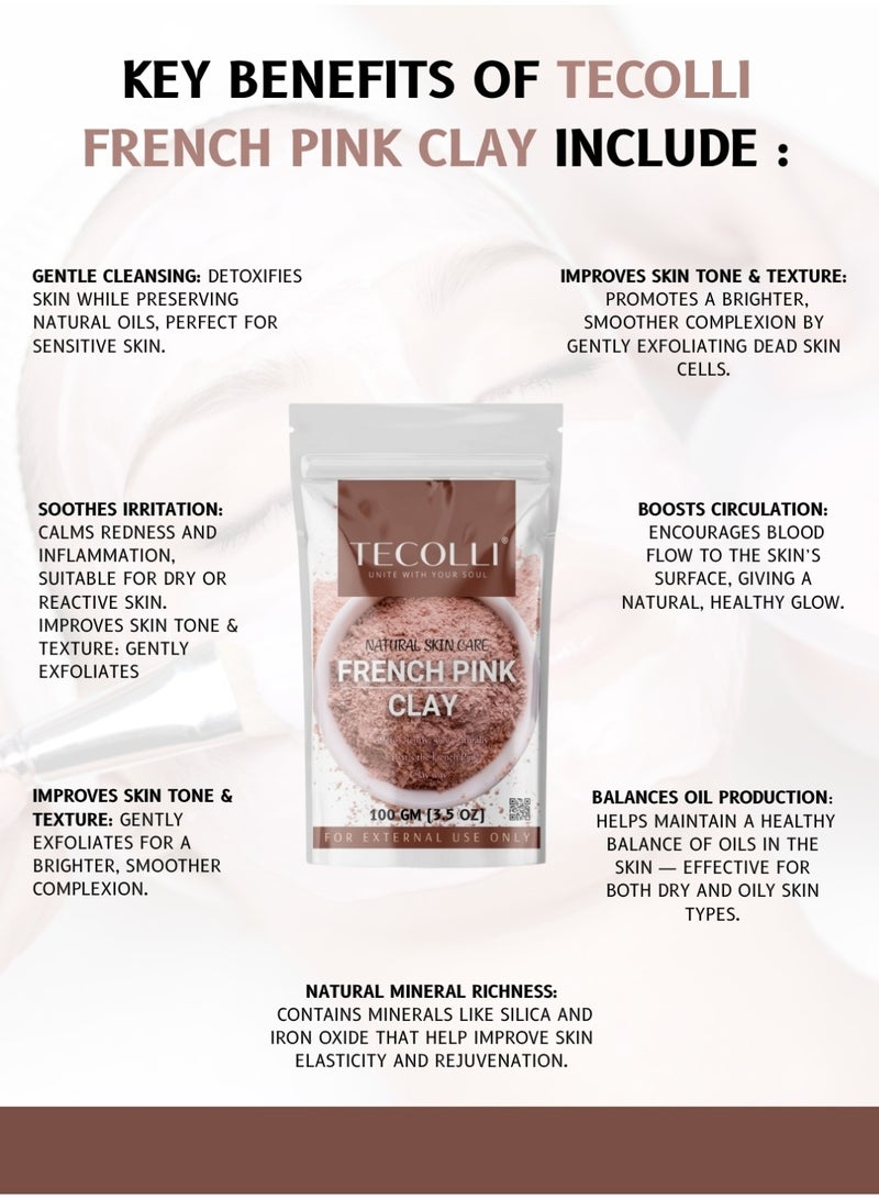 TECOLLI French Pink Powder | Montmorillonite Rose Pink-Clay | Detox, Exfoliation, Oil Control|100% Pure & Natural Face Mask Skincare |100 gm - Image 2