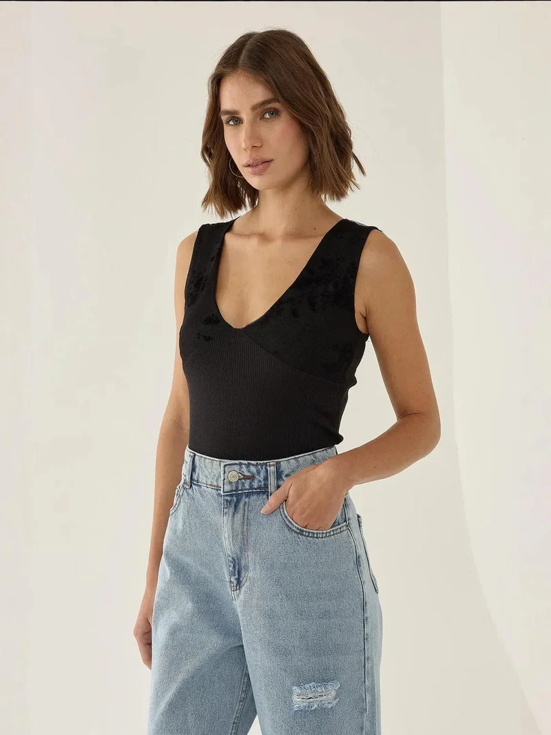HICCUP Lace Detail V-Neck Crop Top