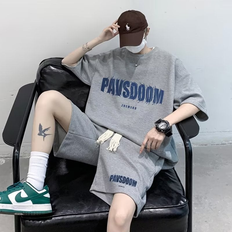 Five-quarter sleeve popular Harajuku versatile simple summer Artistic Mens new lazy casual suit five-quarter pants trendy White T-shirt - Image 4