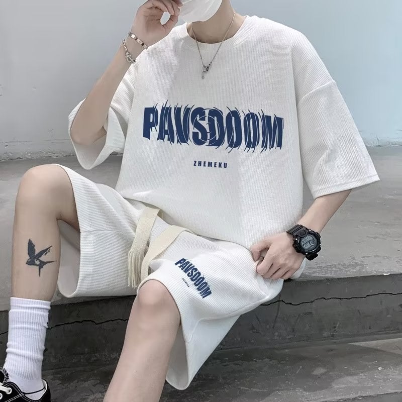 Five-quarter sleeve popular Harajuku versatile simple summer Artistic Mens new lazy casual suit five-quarter pants trendy White T-shirt - Image 5