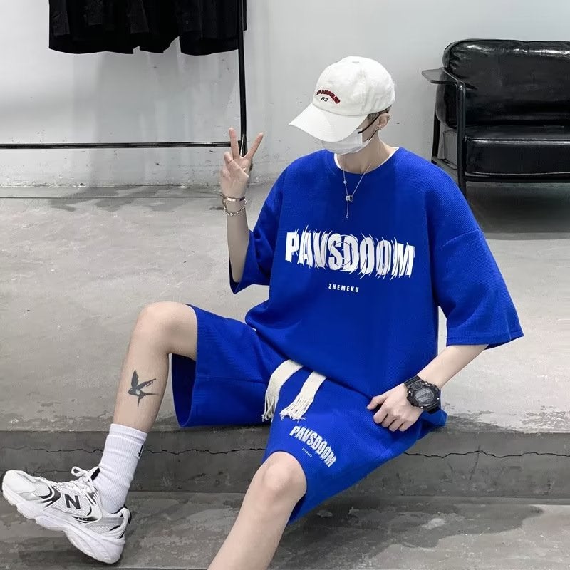 Five-quarter sleeve popular Harajuku versatile simple summer Artistic Mens new lazy casual suit five-quarter pants trendy White T-shirt - Image 2