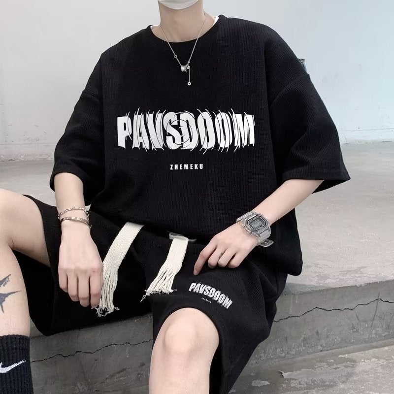 Five-quarter sleeve popular Harajuku versatile simple summer Artistic Mens new lazy casual suit five-quarter pants trendy White T-shirt - Image 3